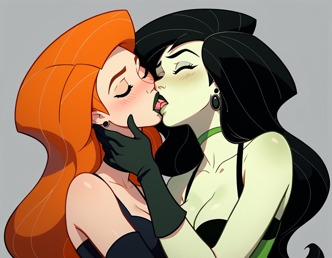 2girls, adult and teenager, age difference, ai generated, black hair, blush, blush lines, closed eyes, collar, disney, disney channel, earrings, female, female only, gloves, green lipstick, green skin, hand on another's neck, kim possible, kimberly ann possible, kissing, long hair, multiple females, multiple girls, orange hair, shego, teenage female, teenager, tongue kiss, yuri