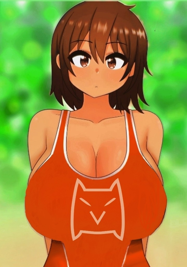 2d big_breasts brown_hair femkel_(omori) hands_behind_back kel_(omori) looking_at_viewer omori tagme the_only_shoe