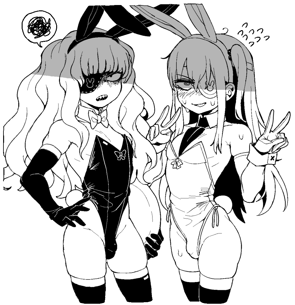 2025, 2boys, 2d, 2d (artwork), 2d artwork, angry, angry face, annoyed, annoyed expression, avatar-kun (leon kame), bangs, bare shoulders, black and white, blunt bangs, bowtie, bowtie collar, bulge, bulge through clothing, bunny boy, bunny costume, bunny ears, bunny tail, bunnysuit, choker, clothed, clothed male, clothing, cock, collar, collarbone, curvaceous, curvy, curvy body, curvy figure, curvy hips, dick, dizzyspells, double peace sign, duo, embarrassed, eye patch, eyepatch, fake animal ears, fake animal tail, femboy, feminine male, flaccid, flaccid penis, gloves, hair between eyes, hairband, histrion (dizzyspells), hourglass figure, leggings, legwear, light skin, light-skinned femboy, light-skinned male, long gloves, long hair, looking at viewer, male, male only, midriff, monochrome, neck collar, nervous, nervous smile, nervous sweat, no sex, one eye covered, one eye obstructed, original, original character, parted bangs, peace sign, penis, penis bulge, rabbit, rabbit boy, rabbit ears, rabbit tail, revealing clothes, ribbon, serving tray, sharp teeth, skinny, skinny male, small penis, smile, smiling, smiling at viewer, straight hair, sweat, sweatdrop, sweating, teeth, teeth showing, thick hips, thigh highs, thighhighs, thighs, tie, trap, v, waiter, waiter tray, waitress, waitress uniform, white body, white hair, white skin, wide hips