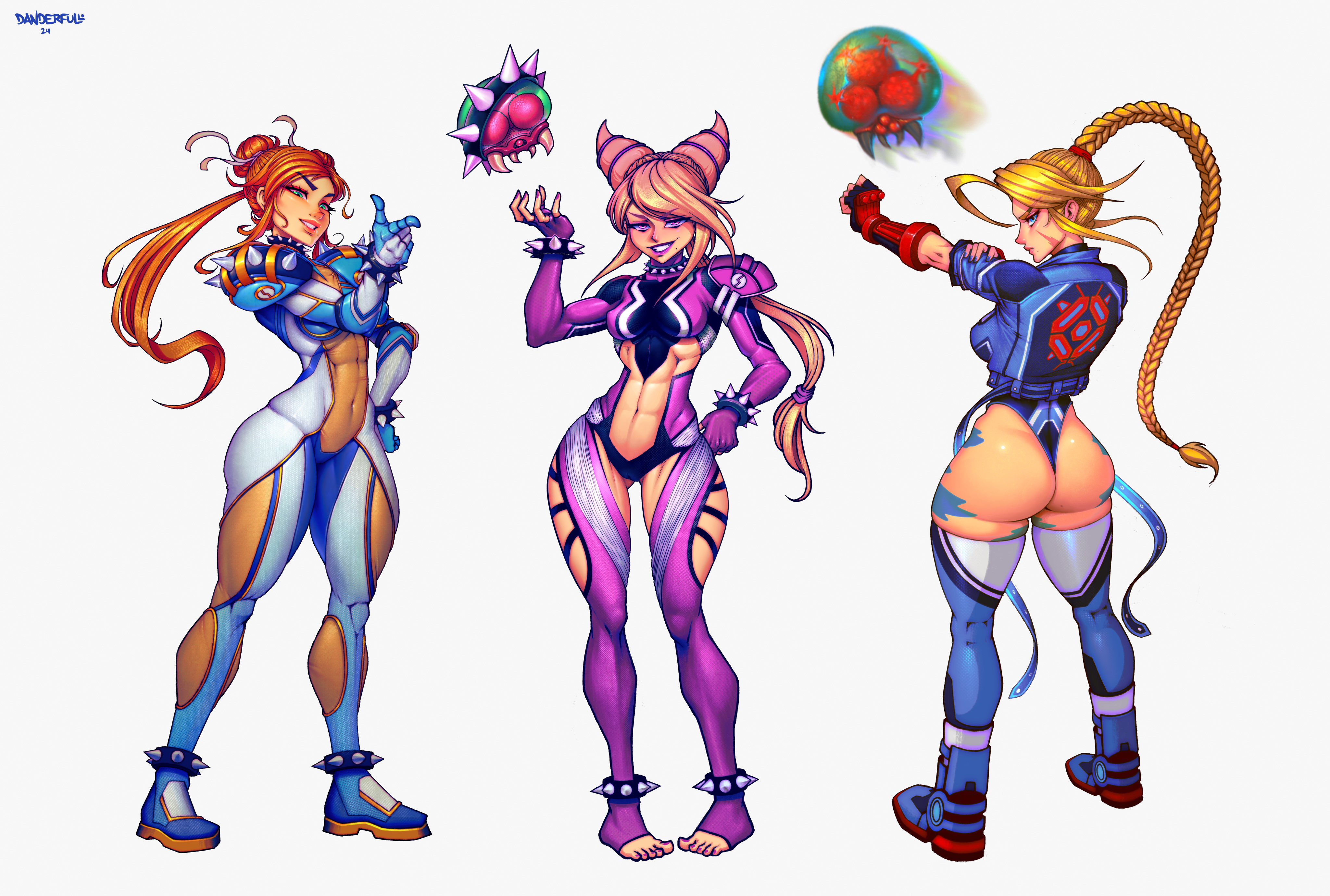 3girls, ass, ass focus, big ass, bodysuit, cammy white (cosplay), capcom, character fusion, chun-li (cosplay), danderfull, female, juri han (cosplay), metroid, samus aran, street fighter, thong, zero suit samus