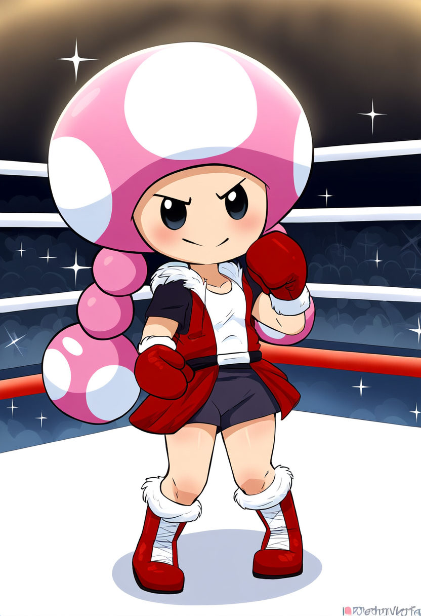 ai_generated boxing_gloves female_focus fighting_ring mario_(series) mushroom_humanoid nintendo novelai pink_hair super_mario_bros. toadette twin_braids