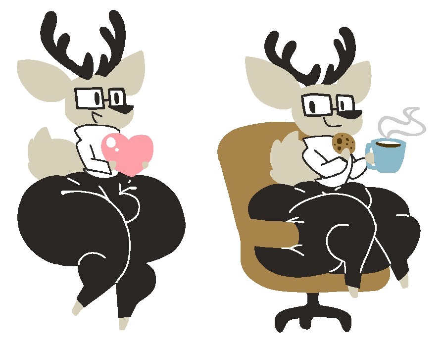 1boy anthro antlers big_bulge big_thighs bottom_heavy bottom_heavy_male bulge bulge_through_clothing bulge_under_clothes coffee coffee_mug cookie daihatsu deer eckobun featureless_feet glasses heart hips_wider_than_shoulders huge_ass kakukaku_shikajika lineless lowres office_chair simple_background turtleneck white_background wide_hips