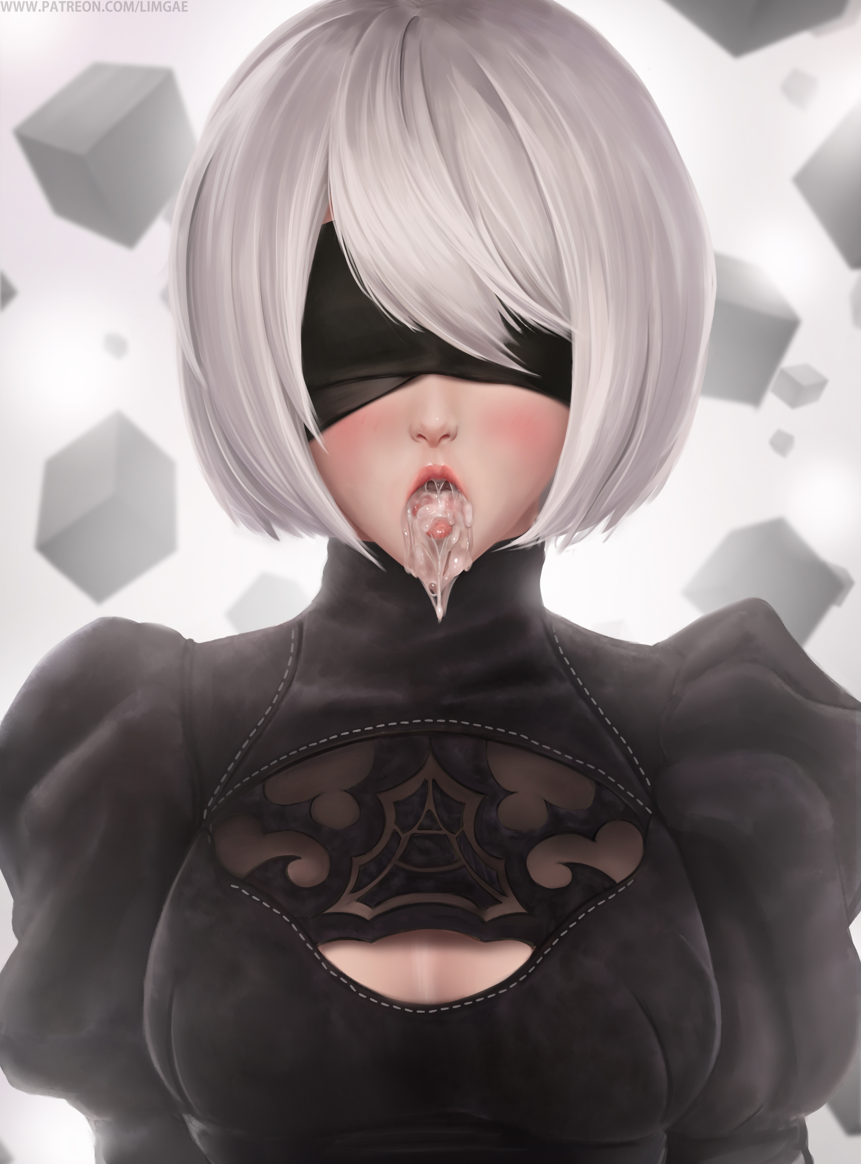 1girls, 2020, absurdres, blindfold, breasts, cum, cum bubble, cum in mouth, cum inside, female, high resolution, highres, limgae, looking at viewer, mole, mole under mouth, nier, nier (series), nier: automata, open mouth, saliva, smile, teeth, tongue, tongue out, upper teeth, white hair, yorha 2b