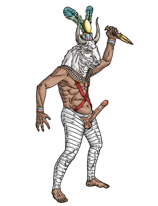 animal_head bovine bull deity egyptian egyptian_mythology erection humanoid male male_only min muscles penis solo