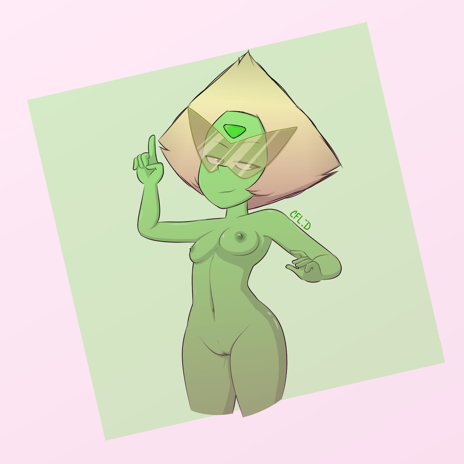 1girls, alien, alien girl, areolae, blonde hair, breasts, cartoon network, cesarfranklopez, female, female focus, female only, front view, gem (species), green body, green breasts, green nipples, green skin, looking away, nipples, peridot (steven universe), pointing, pointing up, pussy, simple background, small breasts, smile, solo, solo female, solo focus, steven universe, visor