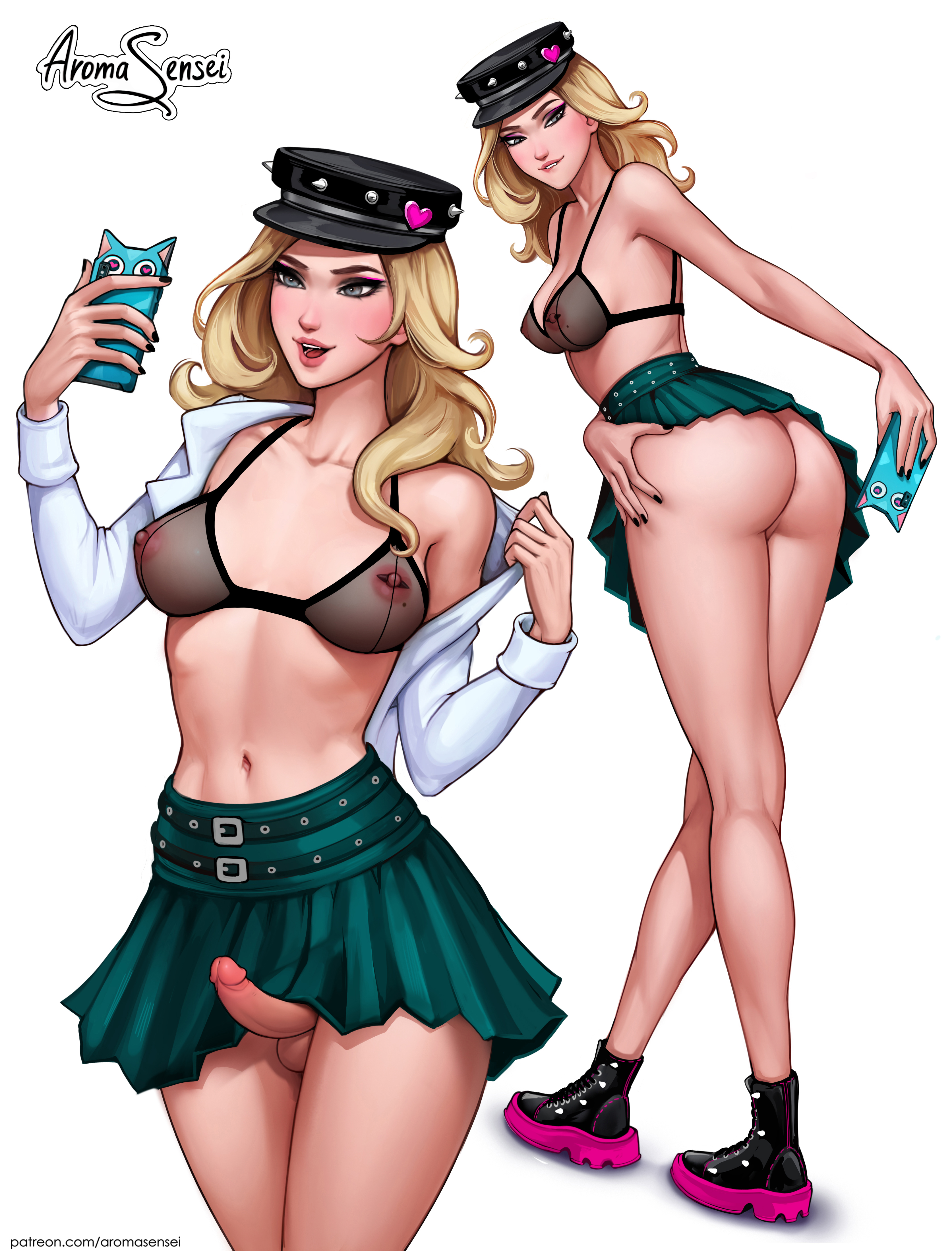 1futa, areolae, aroma sensei, aroma sensei (oc), ass, ass focus, balls, balls under clothes, big breasts, black shoes, blonde hair, bottomless skirt, bra, breasts, cleavage, curvy, erect nipples, erect penis, erection, erection under clothes, erection under skirt, futa only, futa sans pussy, futanari, green eyes, intersex, large ass, large breasts, long hair, miniskirt, nipple bulge, nipples, no panties, original, original character, peaked cap, penis, penis out, penis under clothes, penis under skirt, pierced nipples, piercing, see-through, see-through bra, see-through clothing, see-through top, self portrait, skirt, skirt lift, small balls, small penis, smartphone, solo, white shirt, wide hips