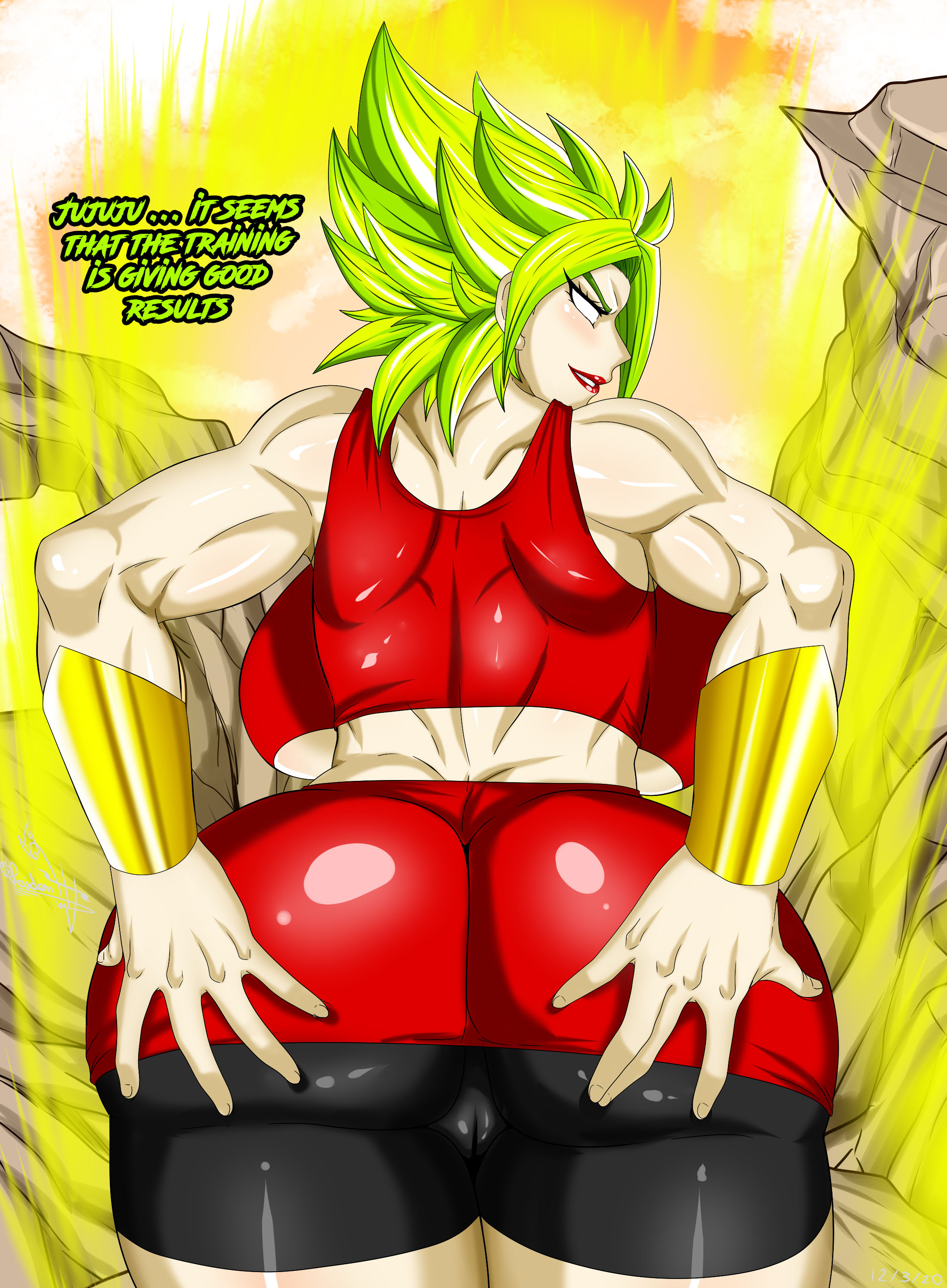 1girls, ass, ass grab, aura, big ass, big breasts, breasts, cameltoe, clothed, clothed female, clothes, clothing, commission, dragon ball, dragon ball super, female, female only, gold bracelet, green hair, jewelry, kale, kale (berserker), legendary super saiyan, light skin, light-skinned female, lipstick, makeup, muscular, no pupils, pussy, raidon dimentional land, rape face, red lips, red lipstick, saiyan, self ass grab, short hair, solo, spiky hair, super saiyan, tight clothing, uncensored, underboob, white eyes