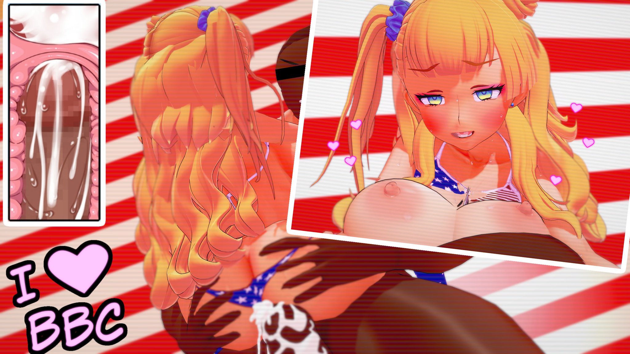 1boy, 1girls, 3d, american flag, american flag bikini, areolae, big breasts, big penis, blonde hair, blue eyes, bra lift, breasts, breasts out, censored, cowgirl position, creampie, cum, cum in pussy, cum in uterus, cum inside, dark skin, dark-skinned male, female, filming, galko, hair bun, hairbow, hearts, internal, interracial, koikatsu, long hair, male, nude, nude male, numbersguy, oshiete! galko-chan, panties aside, penis, pussy, raceplay, recording, smile, smiling, stars, stripes, twintails, vaginal penetration, x-ray