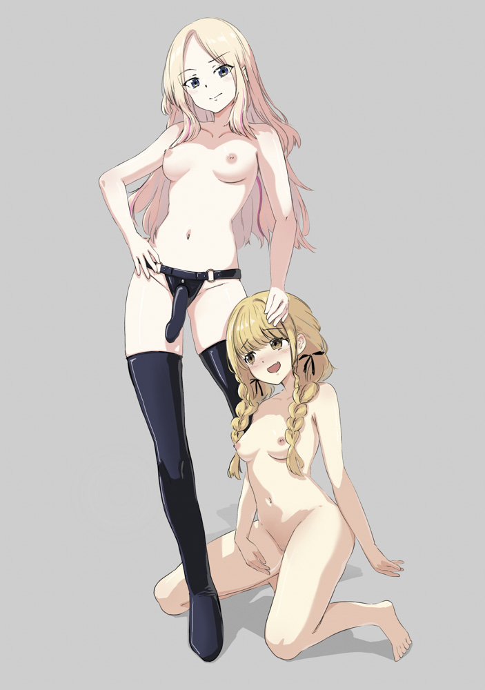 2girls black_boots blonde_hair blush boots braid breasts closed_mouth collarbone commission completely_nude dildo english_commentary fujita_kotone full_body gakuen_idolmaster grey_background hand_on_another's_head idolmaster juo_sena kneeling long_hair low_twin_braids medium_breasts multicolored_hair multiple_girls navel nipples nude oerba_yun_fang open_mouth red_streaks sex_toy shadow shimkarom simple_background skeb_commission skin_fang standing strap-on streaked_hair thigh_boots twin_braids two-tone_hair yellow_eyes yuri