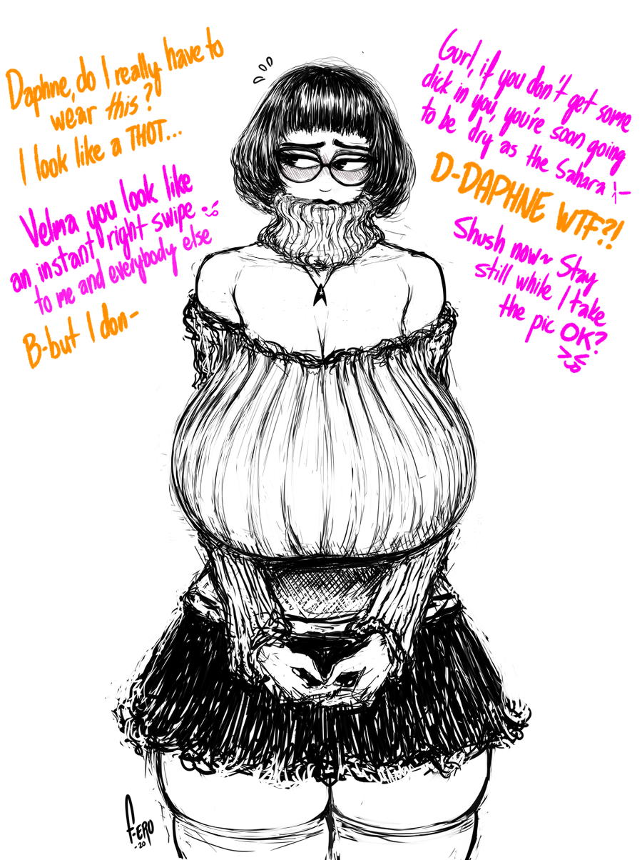 2girls blush bob_cut detached_collar dialogue embarrassed f-ero female_only glasses goth hanna-barbera huge_breasts looking_to_the_side miniskirt monochrome near_monochrome necklace off-shoulder_sweater rough_sketch sagging_breasts scooby-doo short_hair sideways_glance solo_focus sweater text velma_dinkley