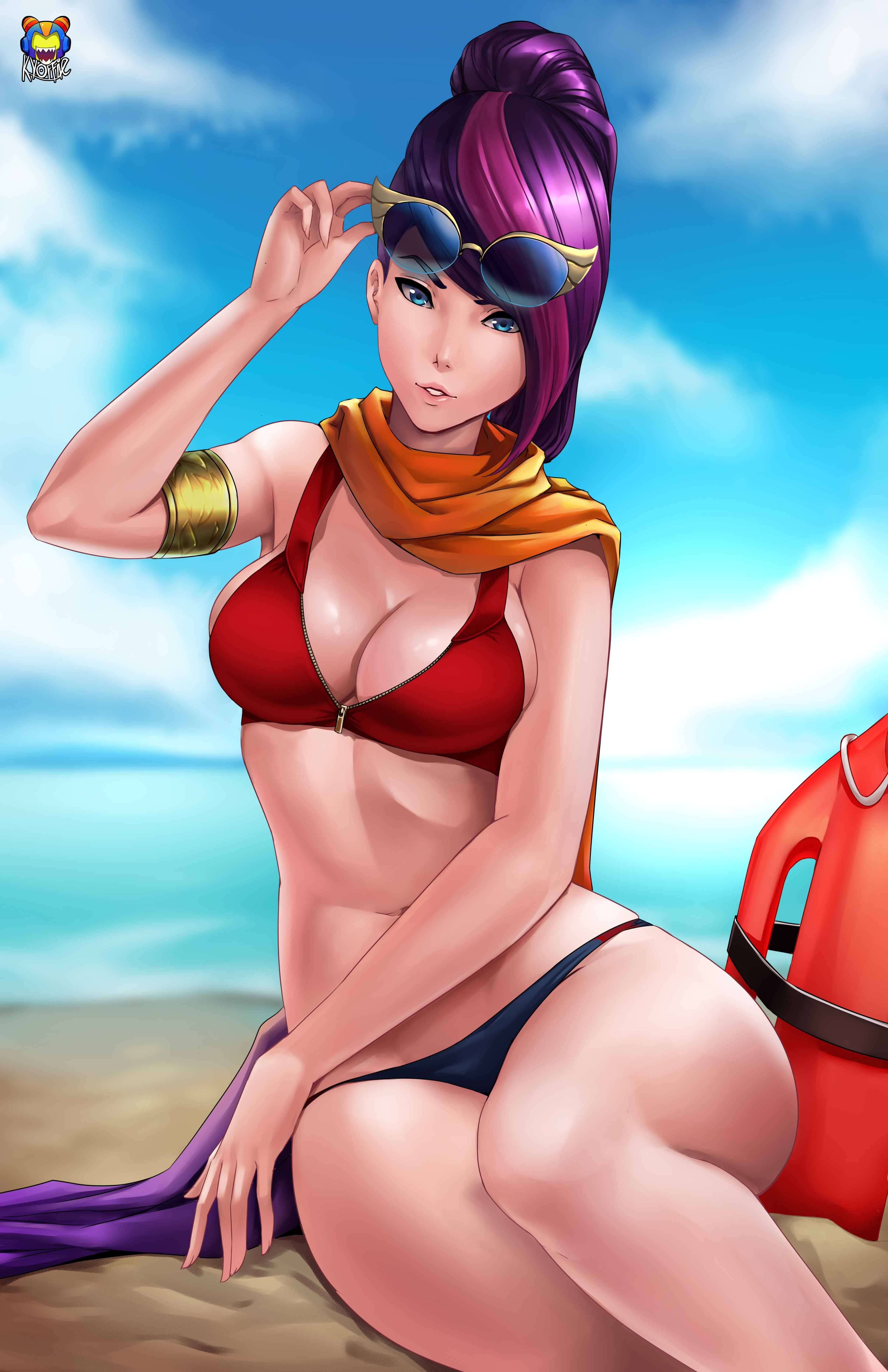 alternate costume, areolae, bikini, bikini bottom, bikini top, breasts, curvy, erect nipples, female, fiora laurent, glasses, kyoffie, large breasts, league of legends, looking at viewer, nipples, pool party fiora, pool party series, sunglasses on head, tagme, thong, wide hips