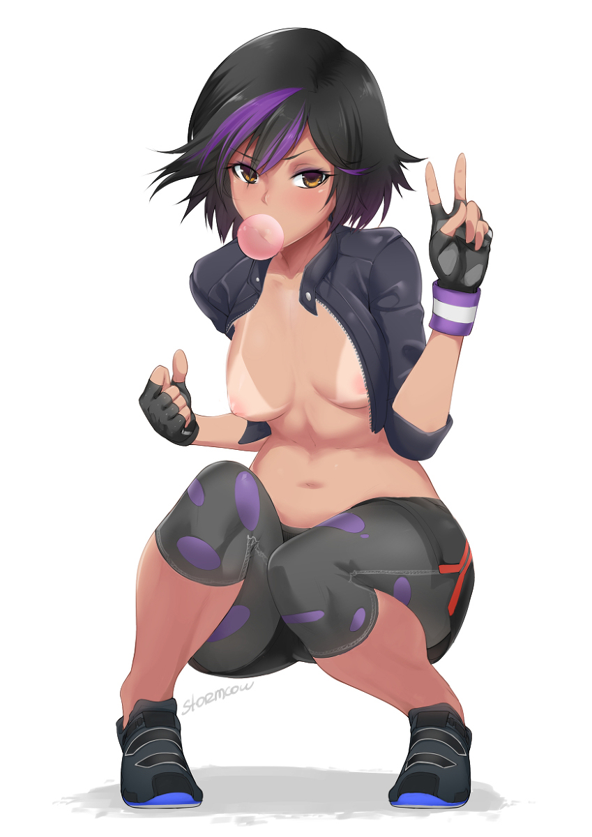 ass, bare calves, big hero 6, black hair, breasts, brown eyes, bubble ass, bubble butt, bubble gum, busty, calves, curvaceous, curvy, disney, eyelashes, eyeliner, female, female focus, female only, fingerless gloves, full body, gogo tomago, hourglass figure, marvel, marvel comics, mascara, navel, nipples, pinup, pose, posing, purple hair, short hair, short shorts, sneakers, solo, stormcow, tanline, thick thighs, two-tone hair, voluptuous, wide hips, yoga pants