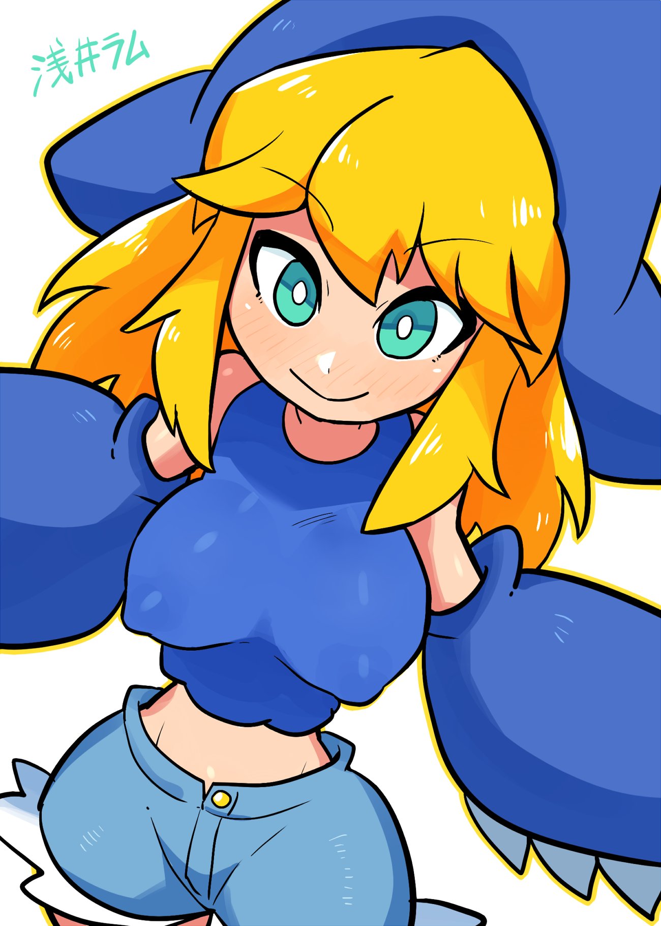 asai ram, blonde hair, crap-man, erect nipples, hat, hips, jean shorts, nipples, sleeves, smile, tank top