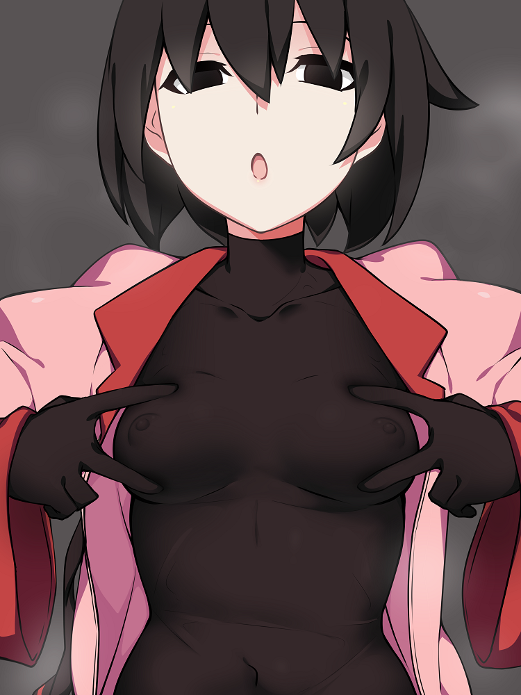 :o abdomen black_eyes black_hair breasts kuro_mushi looking_at_viewer looking_down medium_breasts monogatari_(series) navel navel_visible_through_clothes nipples nipples_visible_through_clothing oshino_ougi owarimonogatari short_hair tagme tight_clothing turtleneck