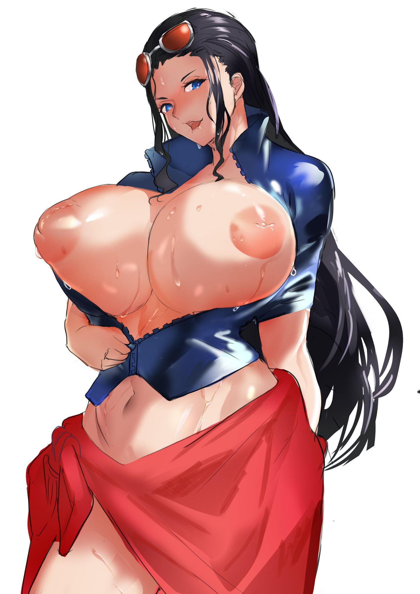 1girls, about to burst, alternate breast size, barely contained, barely contained breasts, barely fits, big breasts, black hair, black-haired female, blue eyes, breasts, breasts bigger than head, breasts too big, clothing, female, female only, huge breasts, inverted nipples, jacket, large breasts, long hair, mature female, nico robin, nipples, one piece, sakanaaj1, sarong, smile, solo, solo female, solo focus, strained zipper, sunglasses, sunglasses on head, tight fit, too tight, undersized clothes, undersized clothing, unzipped, zipper, zipping
