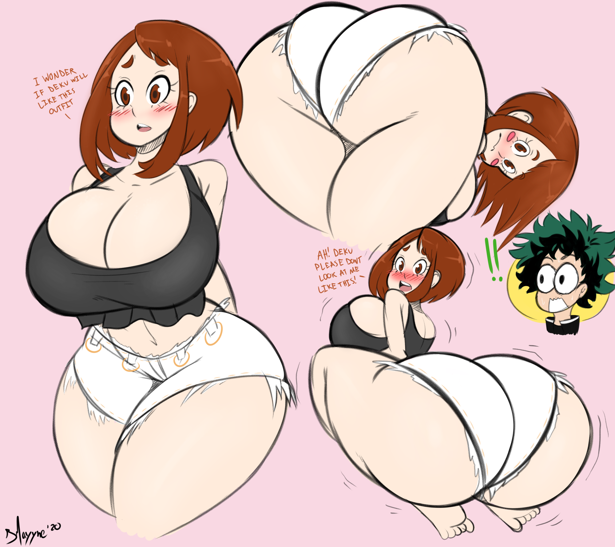 1boy, 1girls, 2020, artist name, ass, ass awe, ass focus, barefoot, bent over, big ass, big breasts, big butt, bimbo, blush, bmayneart, booty shorts, breasts, brown eyes, brown hair, bubble ass, bubble butt, busty, canon couple, chubby female, cleavage, clothing, curvaceous, english text, fat ass, female, female focus, green hair, hair, huge ass, huge breasts, insecure, izuku midoriya, large ass, large breasts, large butt, looking back, male, my hero academia, ochako uraraka, plump, plump breasts, presenting, presenting hindquarters, shirt, shorts, slightly chubby, solo focus, teenager, text, thick, thick ass, thick thighs, thighs, tight clothing, undersized clothes, undersized clothing, voluptuous, watermark
