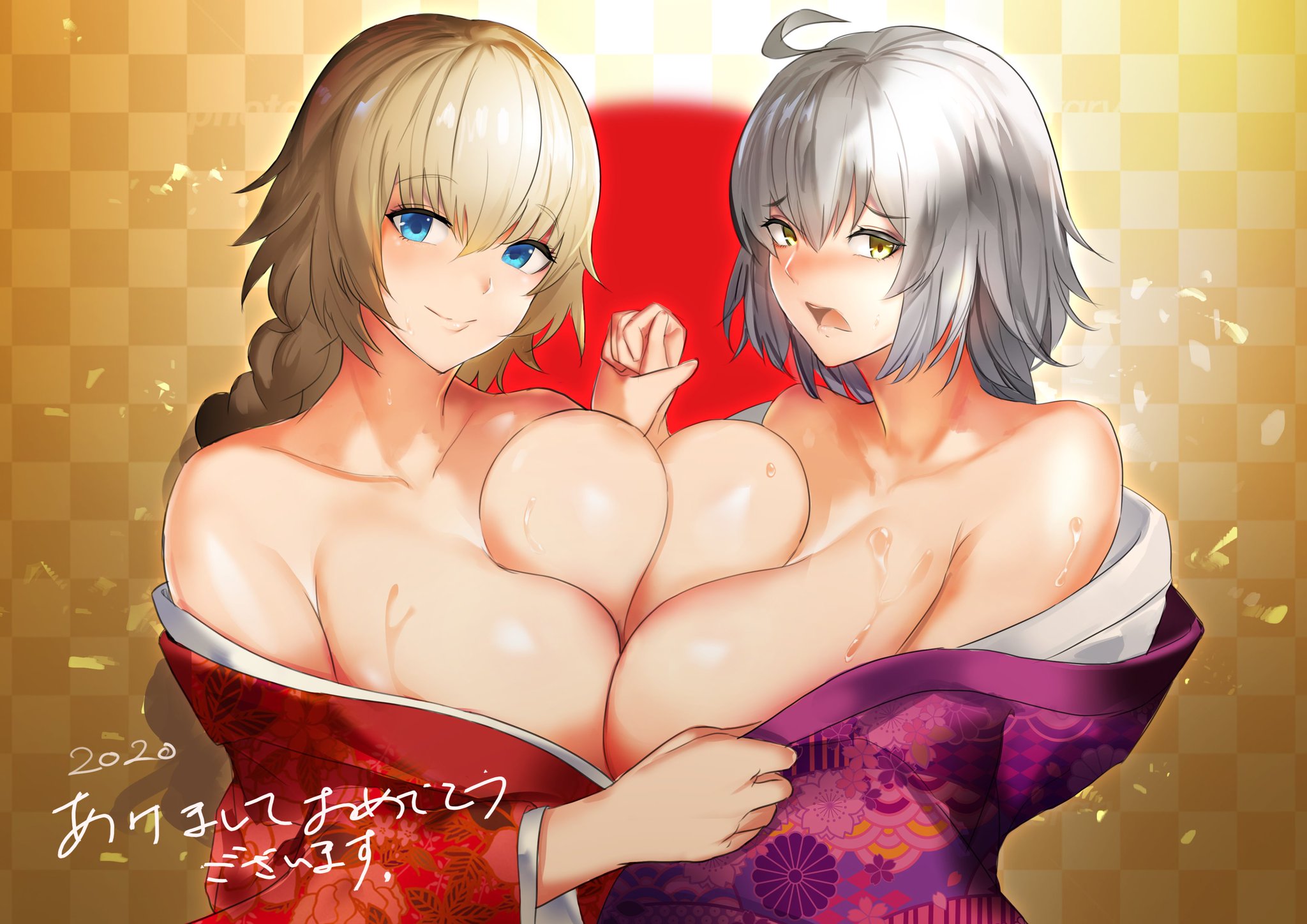 2girls, blonde hair, blue eyes, blush, boobs bang, breasts, breasts bigger than head, embarrassed, fate (series), fate/grand order, female, female only, jeanne alter, jeanne d'arc (fate), large breasts, long hair, multiple females, multiple girls, sakanaaj1, smile, white hair, yellow eyes