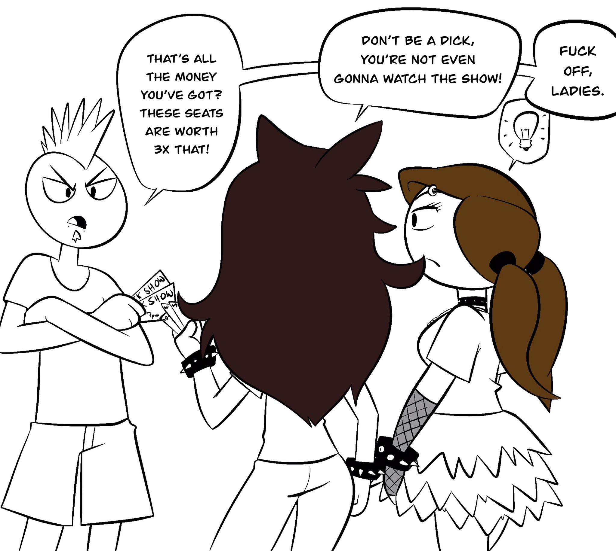 1boy, 2girls, brown hair, choker, clothed, clothes, cursing, female, fishnet armwear, jaiden, jaiden animations, jaidenanimations, joshin, let me explain studios, male, mohawk, pants, piercing, pigtails, rebecca parham, shorts, skirt, speech bubble, stickman, stickmans, text, youtube, youtuber