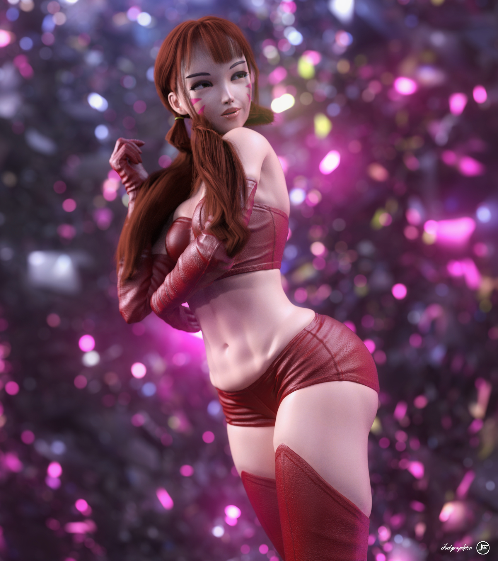 1girls, 3d, 3d (artwork), abs, alternate costume, ass, big ass, blizzard entertainment, d.va, daz studio, female, gloves, highleg, hotpants, joelgraphz, leather, leather gloves, looking back, noahgraphicz, overknees, overwatch, pigtails, pose, standing, watermark