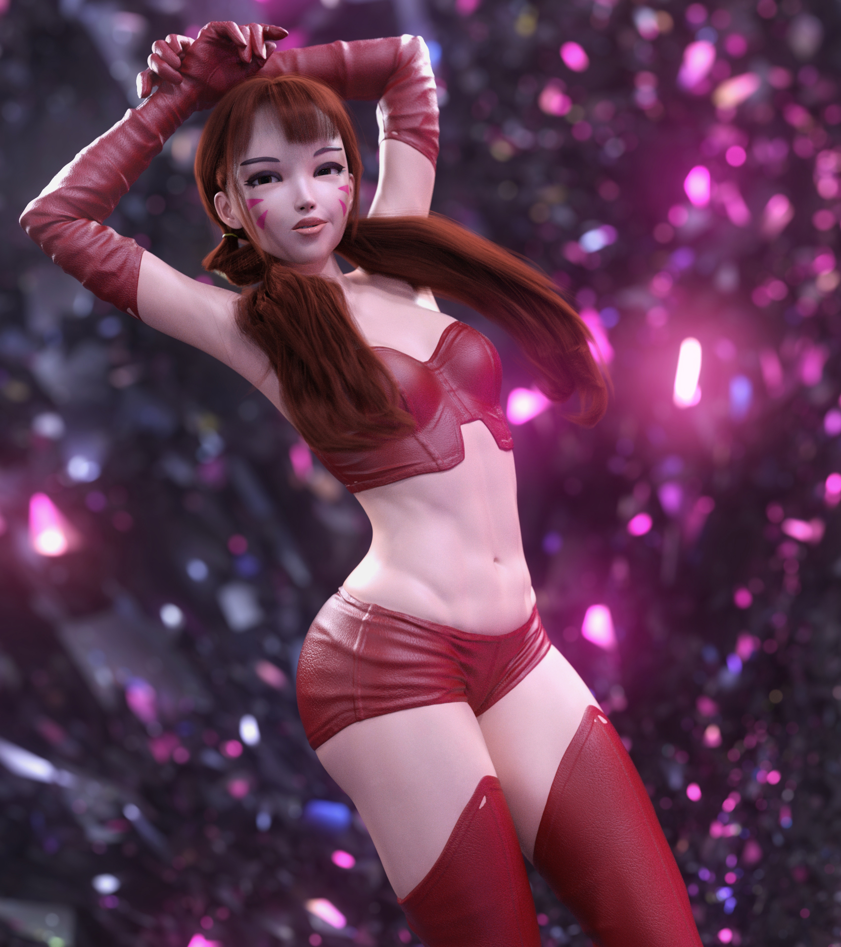 1girls, 3d, 3d (artwork), abs, alternate costume, blizzard entertainment, brown hair, d.va, daz studio, female, gloves, hands on head, hotpants, joelgraphz, leather, leather gloves, looking at viewer, noahgraphicz, overknees, overwatch, pigtails, pose, standing, tagme