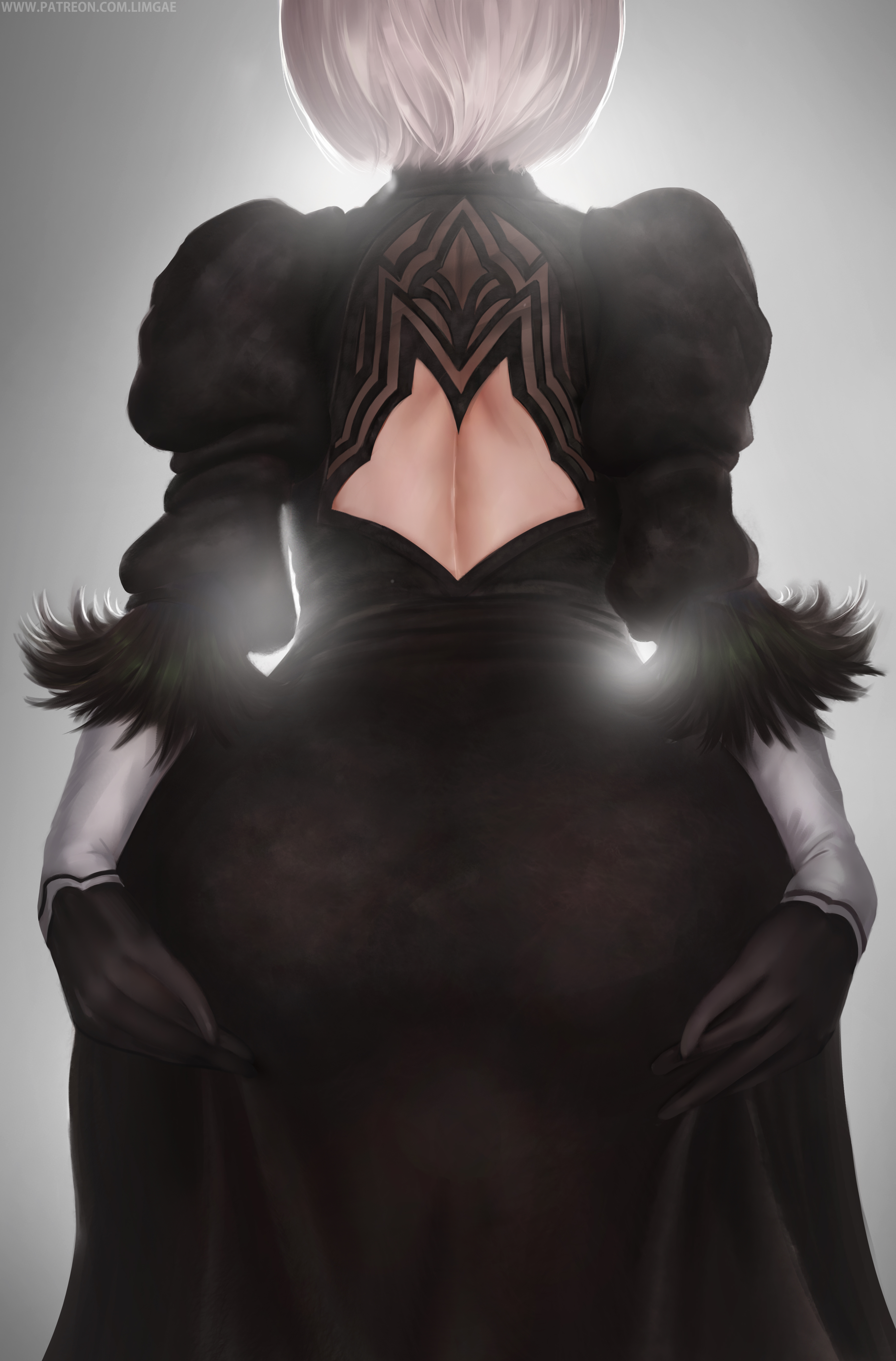 1girls, 2020, absurdres, ass, ass focus, back view, clinging, close-up, clothed, dress, female, from behind, high resolution, highres, huge ass, lighting, limgae, looking away, nier (series), nier: automata, taut clothes, tight clothing, tight dress, white hair, yorha 2b