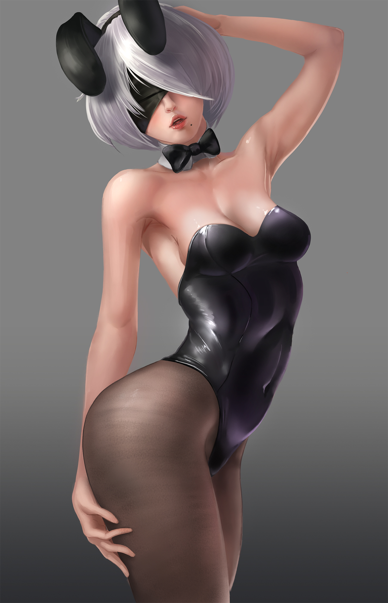 animal ears, armpits, artist name, blindfold, breasts, bunny ears, female, high resolution, highres, latex suit, limgae, mole, mole under mouth, nier, nier (series), nier: automata, open mouth, playboy bunny leotard, teeth, white hair, yorha 2b