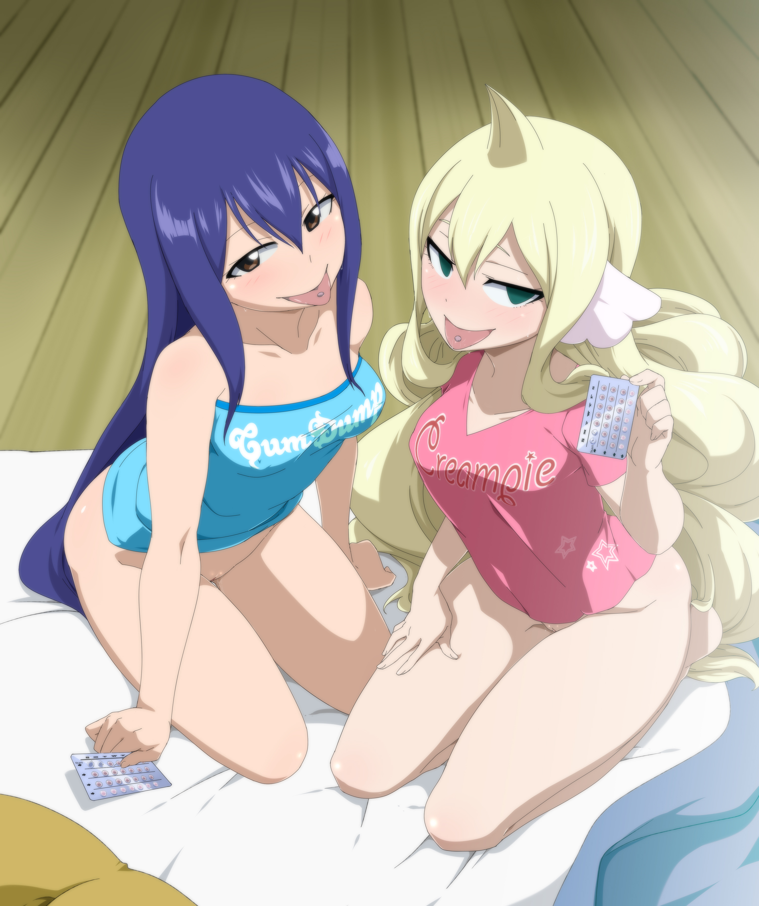 2girls, blonde hair, blonde-haired female, blue hair, blue-haired female, fairy tail, female, female only, futon, lexus (artist), mavis vermilion, multiple females, multiple girls, no panties, open eyes, petite, pill, pills, shirt, tongue, tongue out, wendy marvell