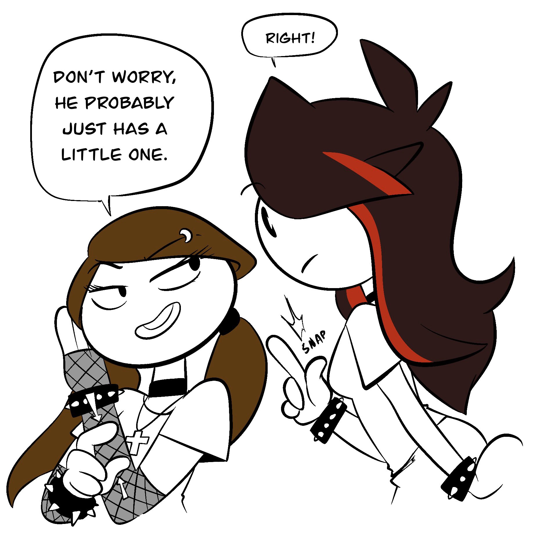 2girls, brown hair, choker, clothed, clothes, clothing, english text, eyelashes, female, female only, fishnet armwear, fishnet top, jaiden, jaiden animations, jaidenanimations, joshin, let me explain studios, multiple females, multiple girls, necklace, pigtails, rebecca parham, shirt, skirt, smile, smiling, speech bubble, stickman, stickmans, streaked hair, teeth, text, youtube, youtuber