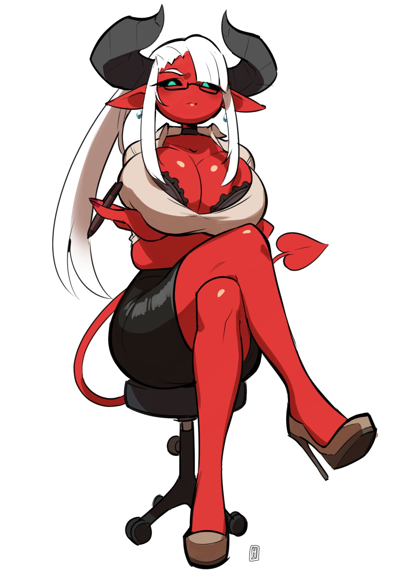 1girls breasts cleavage demon demon_girl female female_only glasses high_heels horns huge_breasts lyla_(thehelmetguy) office_lady red-skinned_female red_skin solo succubus tail thehelmetguy