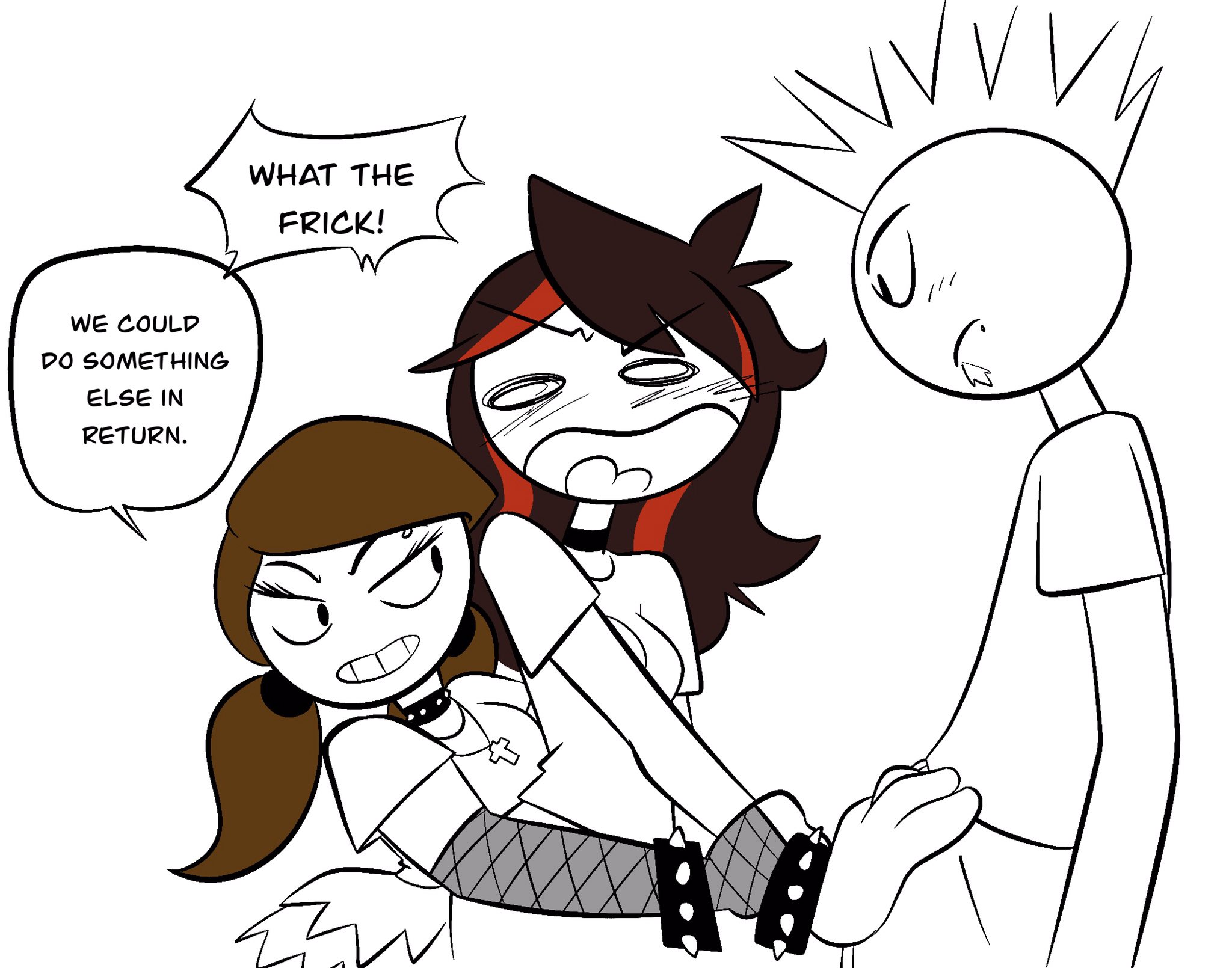 1boy, 2girls, brown hair, choker, clothed, clothes, female, fishnet armwear, groping, jaiden, jaiden animations, jaiden dittfach, jaidenanimations, joshin, let me explain studios, male, mohawk, necklace, no pupils, piercing, piercings, pigtails, rebecca parham, shirt, skirt, smile, smiling, speech bubble, stickman, stickmans, streaked hair, text, youtube, youtuber