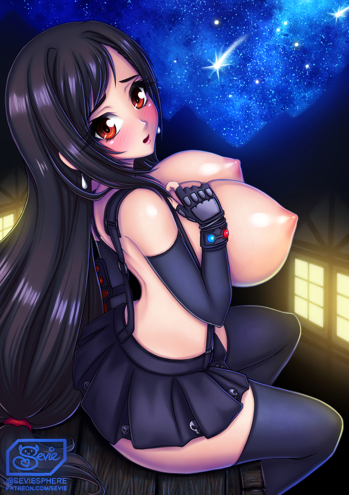 1girls, areolae, artist name, big breasts, big eyes, black hair, breasts, clothing, female, female only, final fantasy, final fantasy vii, hair, large breasts, long hair, nipples, patreon, sevie, skirt, solo, square enix, thighhighs, tifa lockhart, topless, url, video games, watermark