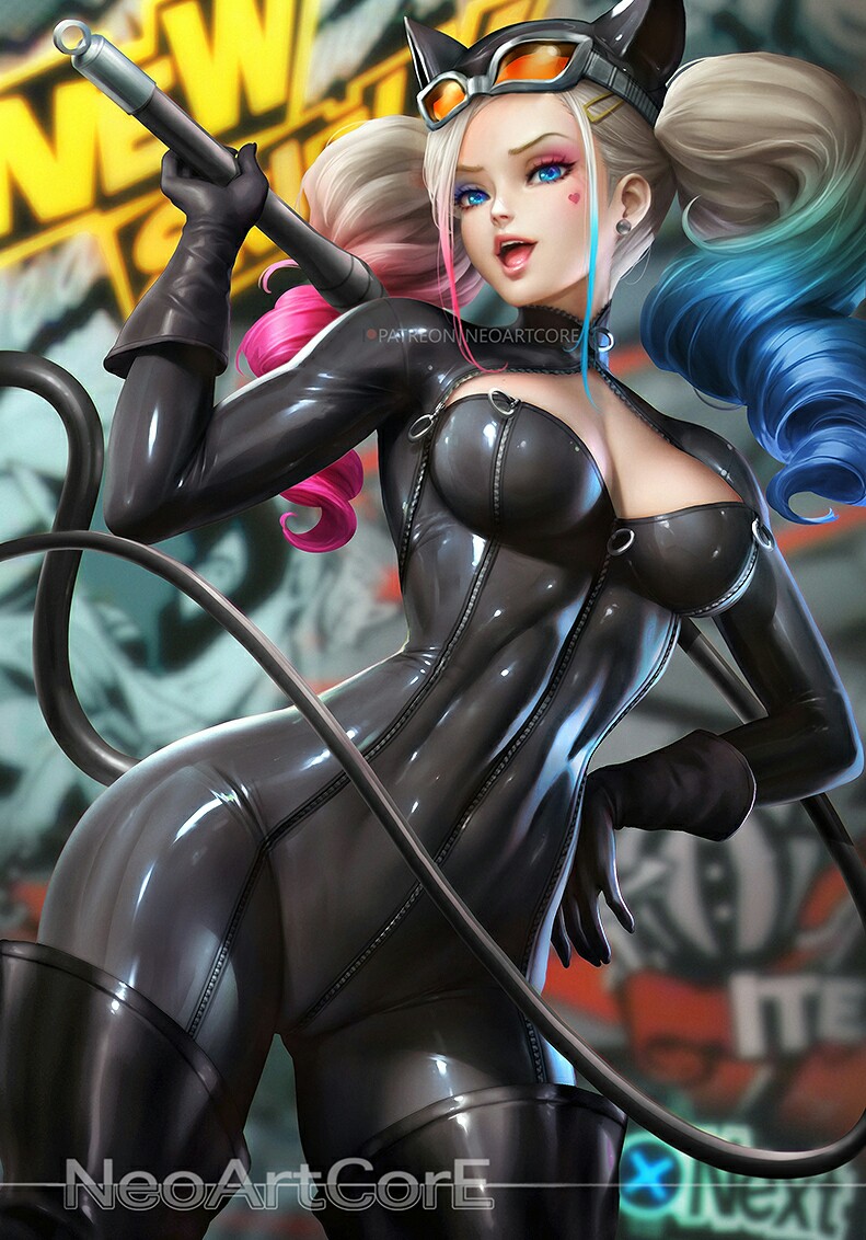 1girls, alternate breast size, ann takamaki, atlus, batman (series), big breasts, black gloves, black legwear, blonde hair, blue eyes, bodysuit, breasts, catwoman (cosplay), clothed female, cosplay, dc, dc comics, female, female only, fit, fit female, fully clothed, harley quinn, holding object, hourglass figure, human, large breasts, megami tensei, neoartcore, open mouth, pale skin, persona, persona 5, phantom thief suit, pose, sega, solo, thick thighs, thunder thighs, tight clothing, tight fit, whip, wide hips, zipper pull tab