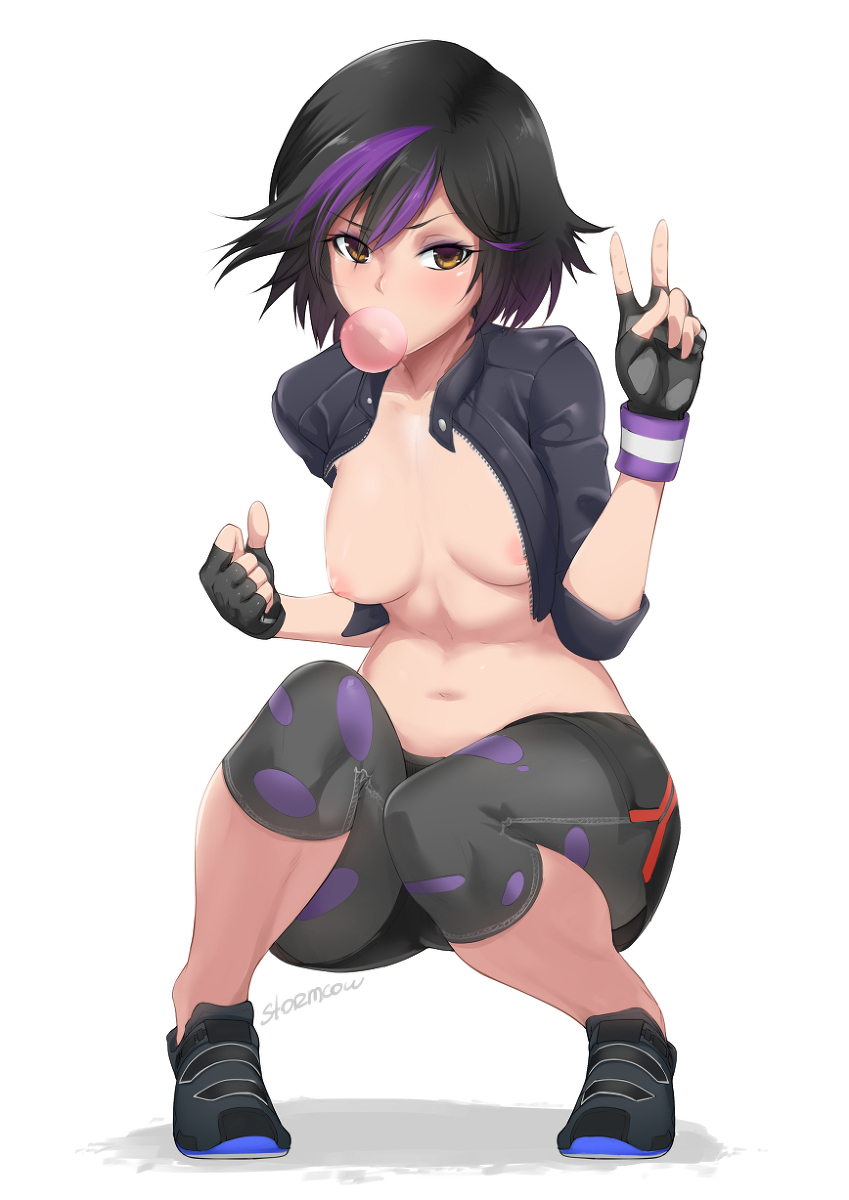 ass, bare calves, big hero 6, black hair, breasts, brown eyes, bubble ass, bubble butt, bubble gum, busty, calves, curvaceous, curvy, disney, eyelashes, eyeliner, female, female focus, female only, fingerless gloves, full body, gogo tomago, hourglass figure, marvel, marvel comics, mascara, navel, nipples, pinup, pose, posing, purple hair, short hair, short shorts, sneakers, solo, stormcow, tagme, thick thighs, two-tone hair, voluptuous, wide hips, yoga pants