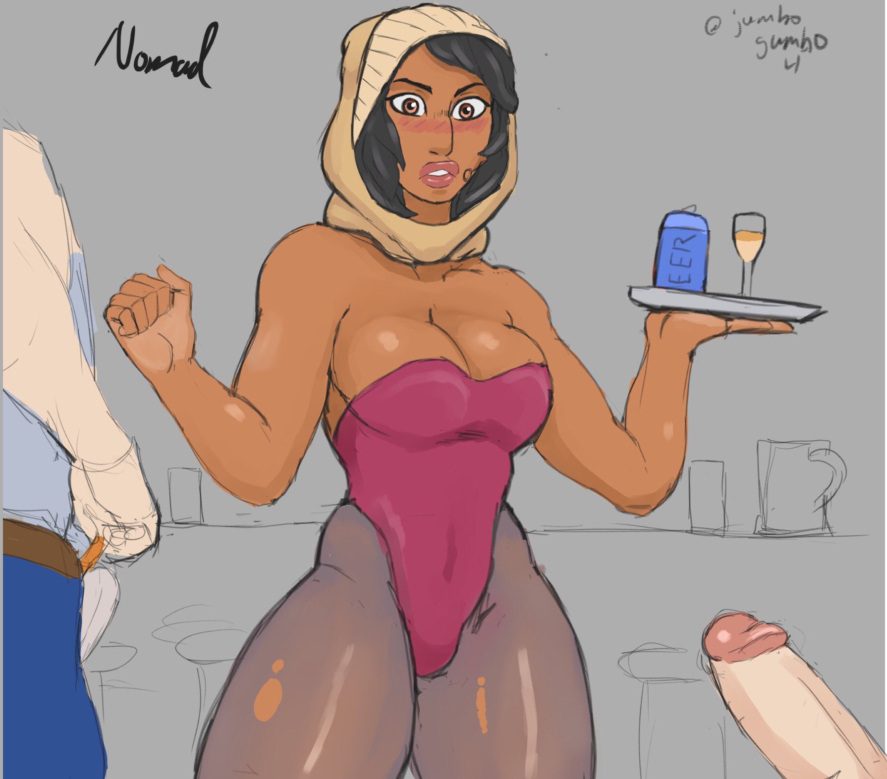 1girls, 2boys, arabian, bar, beer can, black hair, blush, blushing, bunnysuit, female, hijab, holding object, jumbogumbo, male, multiple penises, nervous, nomad (rainbow six), penis, rainbow six, rainbow six siege, simple background, tagme, thick lips, thick thighs, tight clothing, tom clancy, waitress