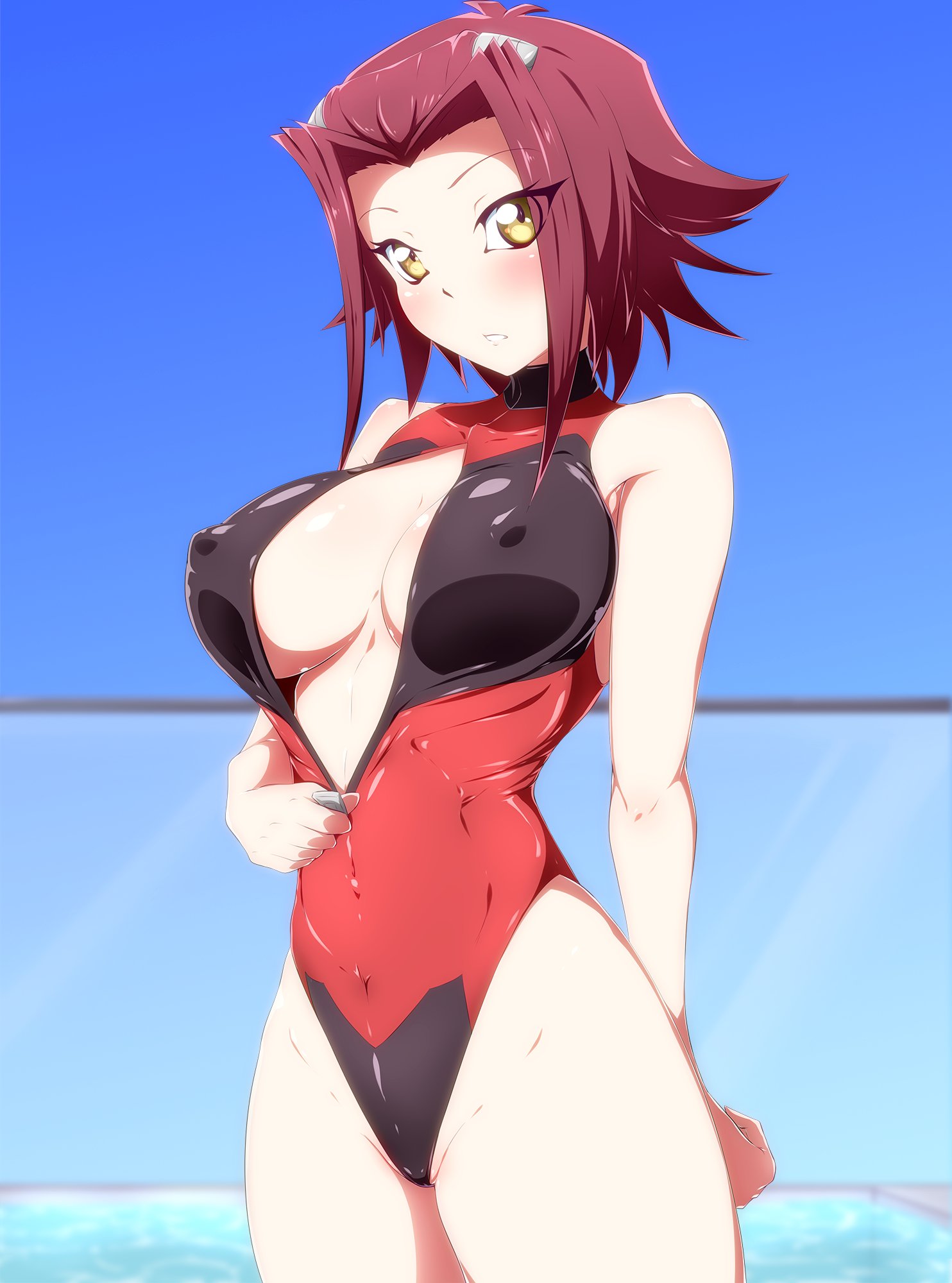 akiza izinski, big breasts, breasts, danpu, female, female only, izayoi aki, konami, long hair, looking at viewer, nipples, nipples visible through clothing, red hair, solo, solo female, solo focus, swimsuit, tied hair, unzipped, yellow eyes, yu-gi-oh!, yu-gi-oh! 5d's