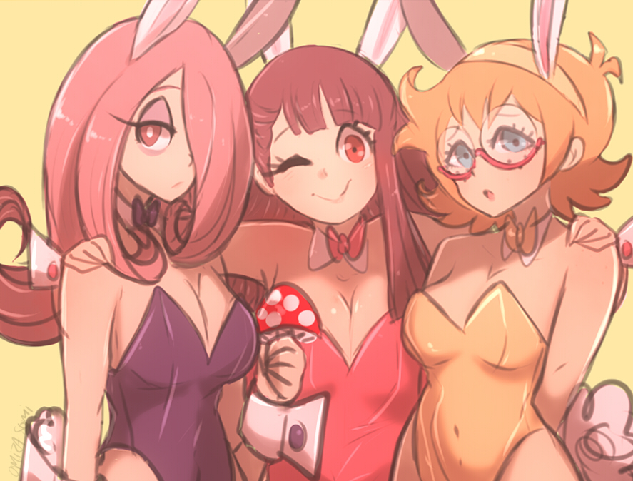 3girls akko_kagari atsuko_kagari blush breast bunny bunnysuit female_only group hair_over_one_eye kagari_atsuko little_witch_academia looking_at_viewer lotte_yansson mushroom omiza_somi small smile sucy_manbavaran suit tagme wink