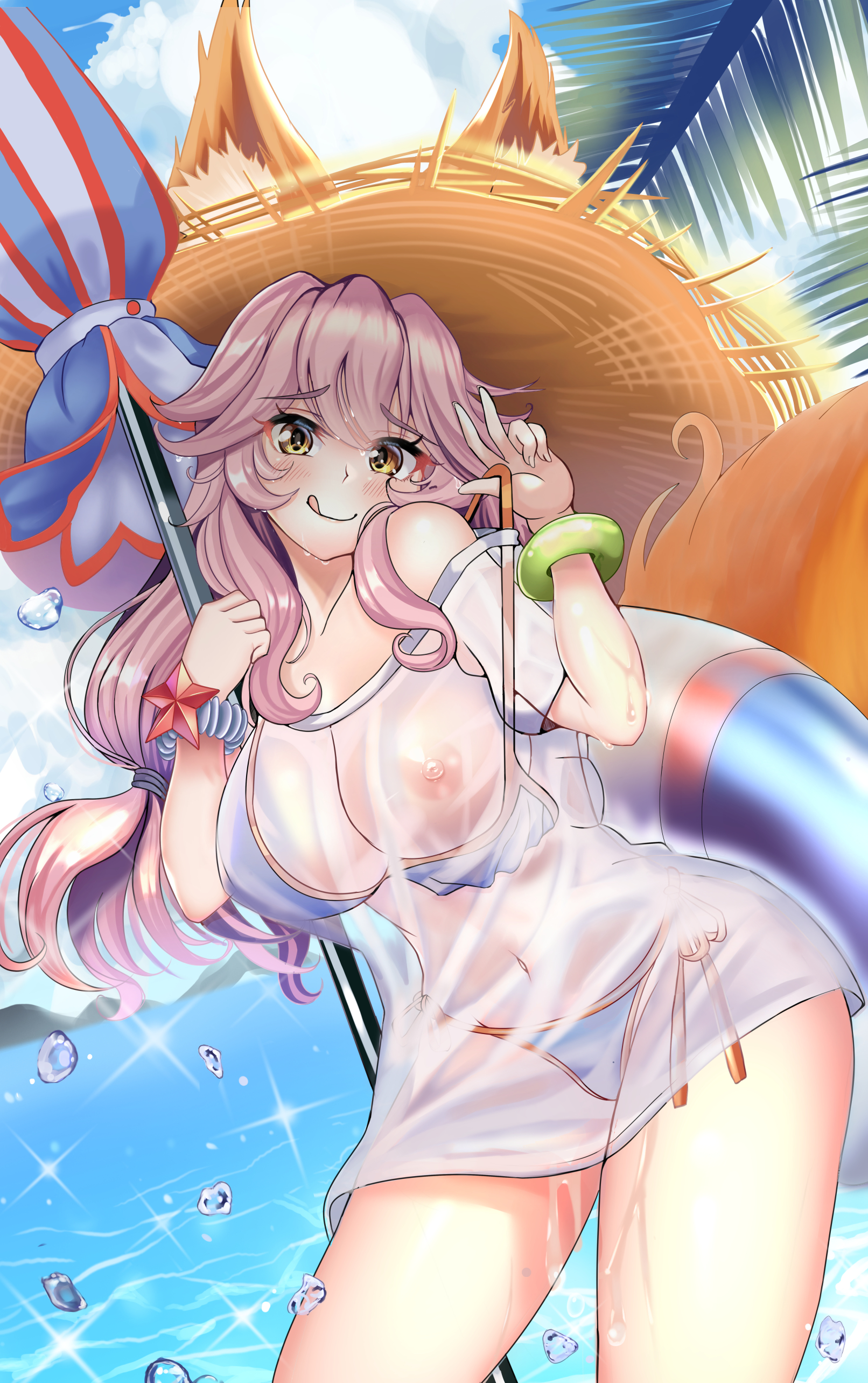 1girls, absurdres, animal ear fluff, animal ears, bangs, bare shoulders, beach, beach umbrella, bikini, bikini under clothes, blue bikini, blush, breasts, collarbone, covered navel, covered nipples, ears through headwear, fate (series), fate/grand order, female, fox ears, fox girl, fox tail, hair between eyes, hat, highres, innertube, junjun taeng h, large breasts, licking lips, long hair, looking at viewer, ocean, one breast out, palm tree, pink hair, shirt, sidelocks, smile, solo, sparkle, strap pull, straw hat, swimsuit, tail, tamamo no mae (fate), tamamo no mae (swimsuit lancer), thighs, tongue, tongue out, tree, umbrella, water drop, wet, wet clothes, wet shirt, wet t-shirt, yellow eyes