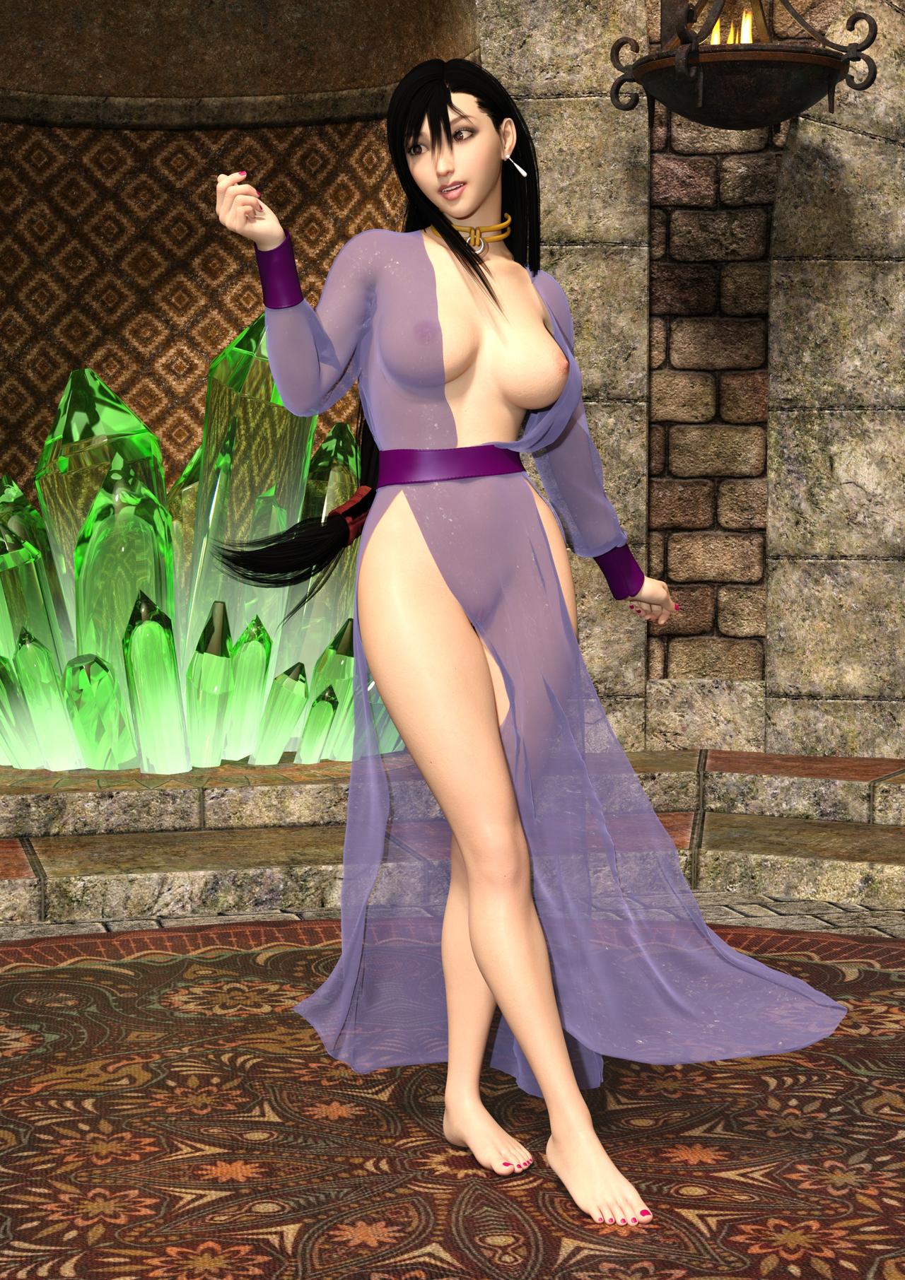 3d black_hair brown_hair collar female final_fantasy final_fantasy_vii large_breasts long_hair robe satsukihime1031 see-through_clothing slave slave_collar slavegirl solo solo_female tifa_lockhart transparent_clothing