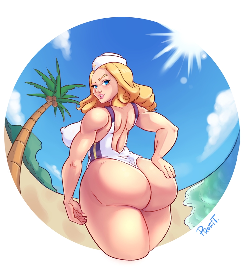 1girls, ass, beach, blonde hair, blue eyes, female, hat, huge ass, kolin (street fighter), medium hair, palm tree, profit, street fighter, street fighter v, swimsuit, thick thighs, wide hips