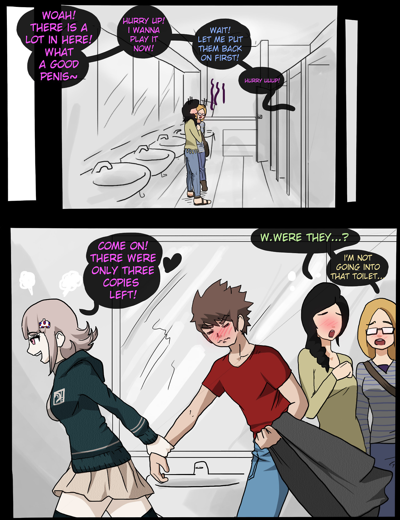 1boy, 3girls, bathroom, blush, comic, danganronpa, danganronpa 2: goodbye despair, dialogue, embarrassed, english text, faceless female, female, femdom, male, mosbles, nanami chiaki, original character, straight hair, super danganronpa 2, tagme, text