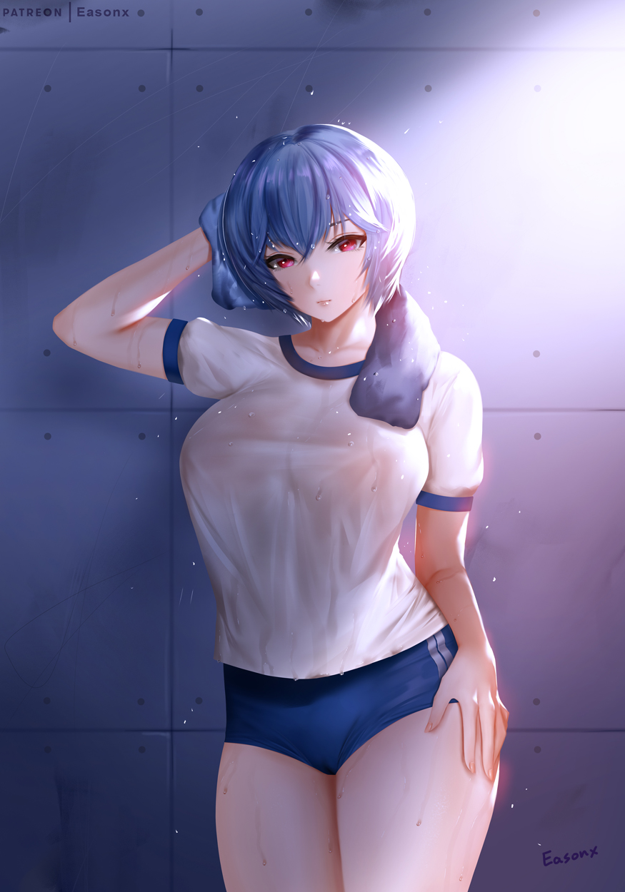 1girls, areolae, big breasts, blue hair, breasts, cleavage, clothed, clothing, easonx, expressionless, female, female focus, female only, gym uniform, large breasts, looking at viewer, neon genesis evangelion, nipples, red eyes, rei ayanami, shirt, shorts, solo, standing, tagme, thick thighs, towel