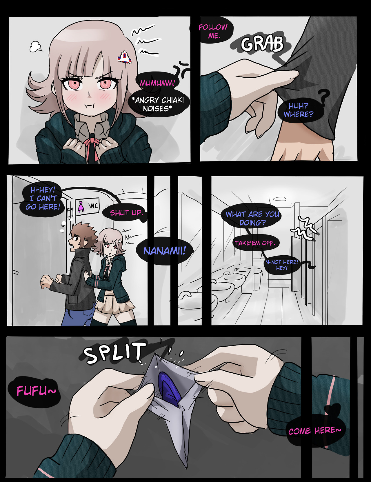 1boy, 1girls, angry, assertive, bathroom, blush, comic, condom, danganronpa, danganronpa 2: goodbye despair, dialogue, english text, faceless male, female, imminent sex, male, mosbles, nanami chiaki, original character, smooth skin, super danganronpa 2, text