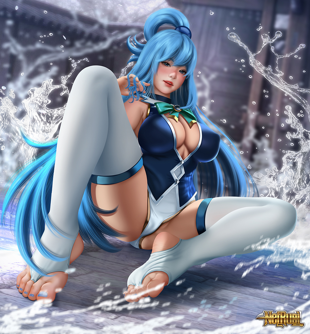 1girls aqua_(konosuba) barefoot big_breasts breasts cleavage feet female female_only kono_subarashii_sekai_ni_shukufuku_wo! large_breasts looking_at_viewer nefrubi solo spread_legs stirrup_socks thighhighs toes