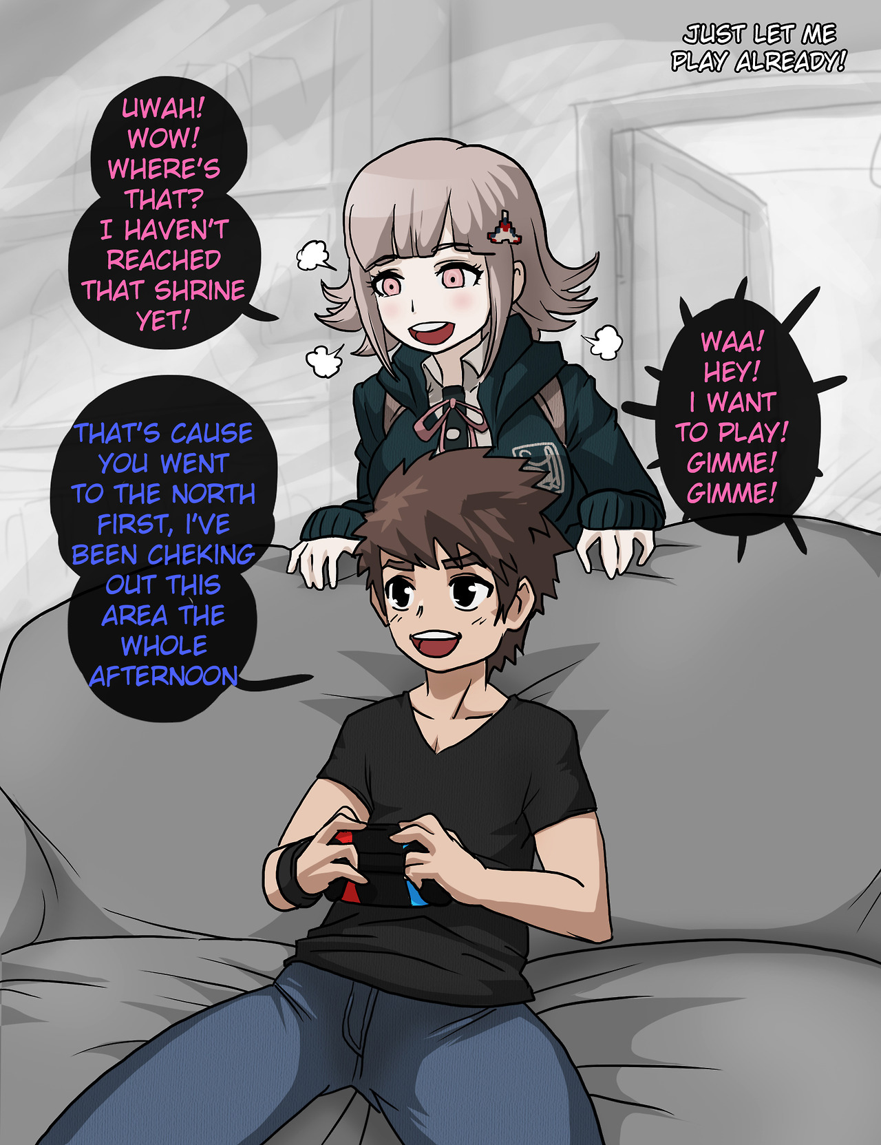 1boy, 1girls, black eyes, brown hair, claw grip, danganronpa, danganronpa 2: goodbye despair, english text, female, joycon controller, male, mosbles, nanami chiaki, nintendo switch, original character, pink eyes, pink hair, sofa, straight hair, super danganronpa 2, text