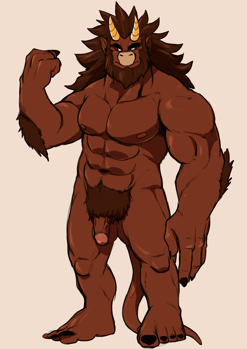 1boy abs bara beard black_nails blank_eyes body_fur completely_nude concept_art dark-skinned_male dark_skin demon_boy demon_horns facial_hair flaccid full_body furry furry_male hand_up highres horns infel_(otsukimi) jewelry large_hands long_hair looking_at_viewer male_focus mature_male muscular muscular_male navel necklace nipples nude original otsukimi pectorals penis pointy_ears solo standing stomach strongman_waist thick_eyebrows