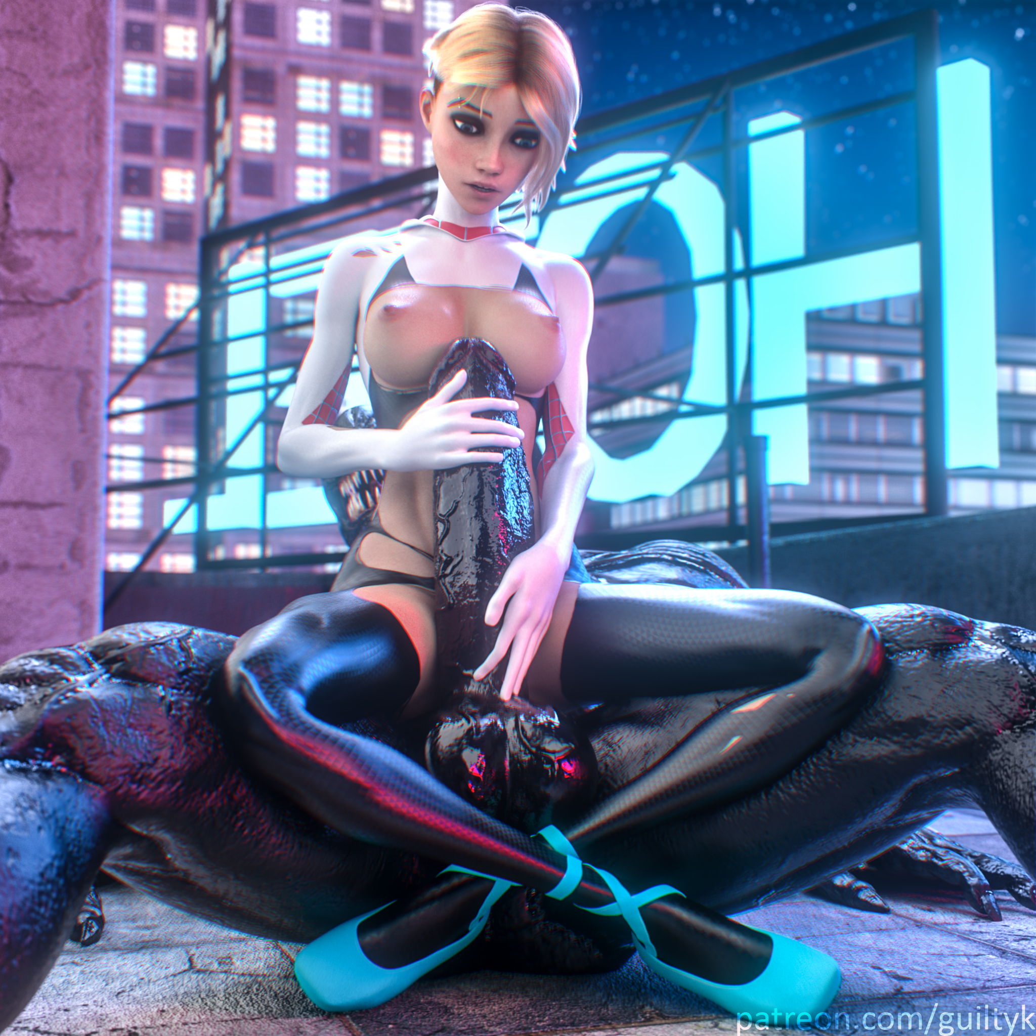 1boy, 1girls, 3d, abs, areolae, asymmetrical hair, athletic, balls, big breasts, blonde hair, blue eyes, bodysuit, breasts, breasts out, buckteeth, clothed female nude male, eyebrow piercing, eyelashes, female, fit, fit female, guiltyk, gwen stacy, gwen stacy (spider-verse), hourglass figure, huge cock, imminent sex, larger male, male, marvel, marvel comics, measuring penetration depth, navel, navel piercing, nipples, patreon, penis, piercing, short hair, size difference, spider-gwen, spider-man (series), spider-man: into the spider-verse, symbiote, testicles, text, url, veiny penis, venom, venom (marvel), watermark, wide hips