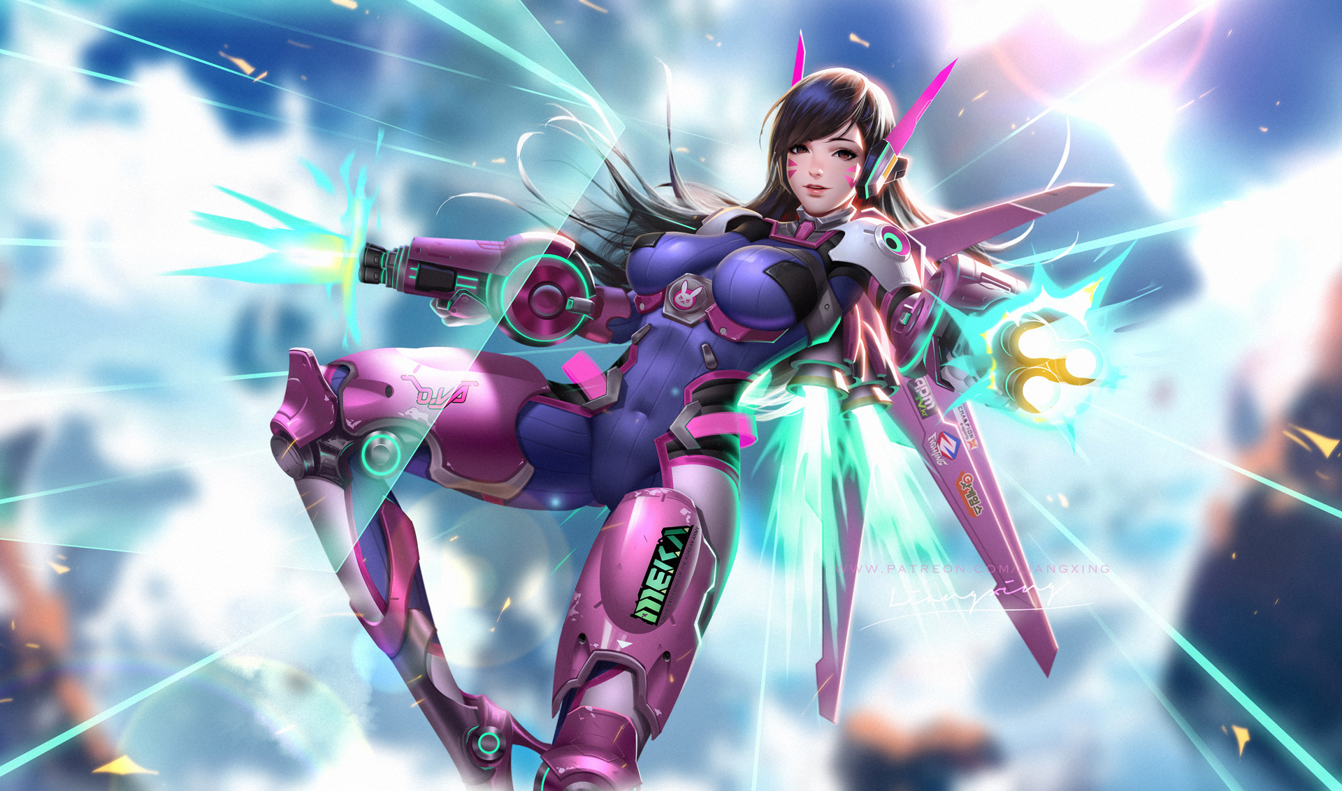 1girls, big breasts, breasts, cleavage, d.va, female, female only, large breasts, liang xing, looking at viewer, overwatch, solo