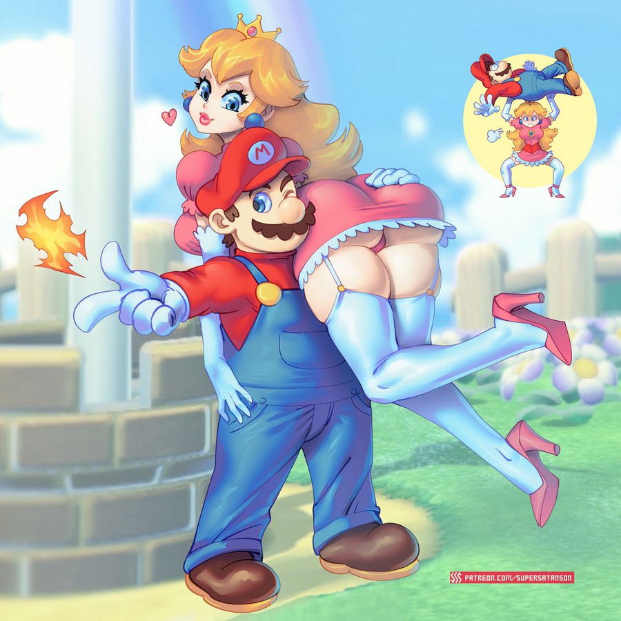 1boy, 1girls, ass, big ass, blonde hair, female, fire, fully clothed, heart, high heels, larger female, male, mario, mario (series), mustache, nintendo, panties, princess peach, size difference, smaller male, super mario bros., super mario bros. 2, supersatanson, tagme, thighhighs, thong
