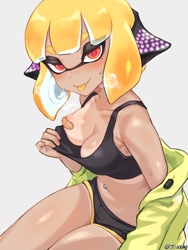 1girls agent_4_(splatoon) alternate_breast_size areola_slip bandage bandaids_on_nipples bedding bedroom_eyes blush booty_shorts covered_nipples dolphin_shorts exposed_breasts female female_only half-closed_eyes headphones heavy_breathing hotpants inkling inkling_girl jacket jtveemo looking_at_viewer medium_breasts midriff navel navel_piercing nintendo nipple_slip nipples open_jacket orange_hair sharp_teeth short_hair short_shorts shorts solo solo_female splatoon splatoon_2 splatoon_2:_octo_canyon sports_bra sweat tan tan_skin tank_top tanline tongue_out yellow_hair