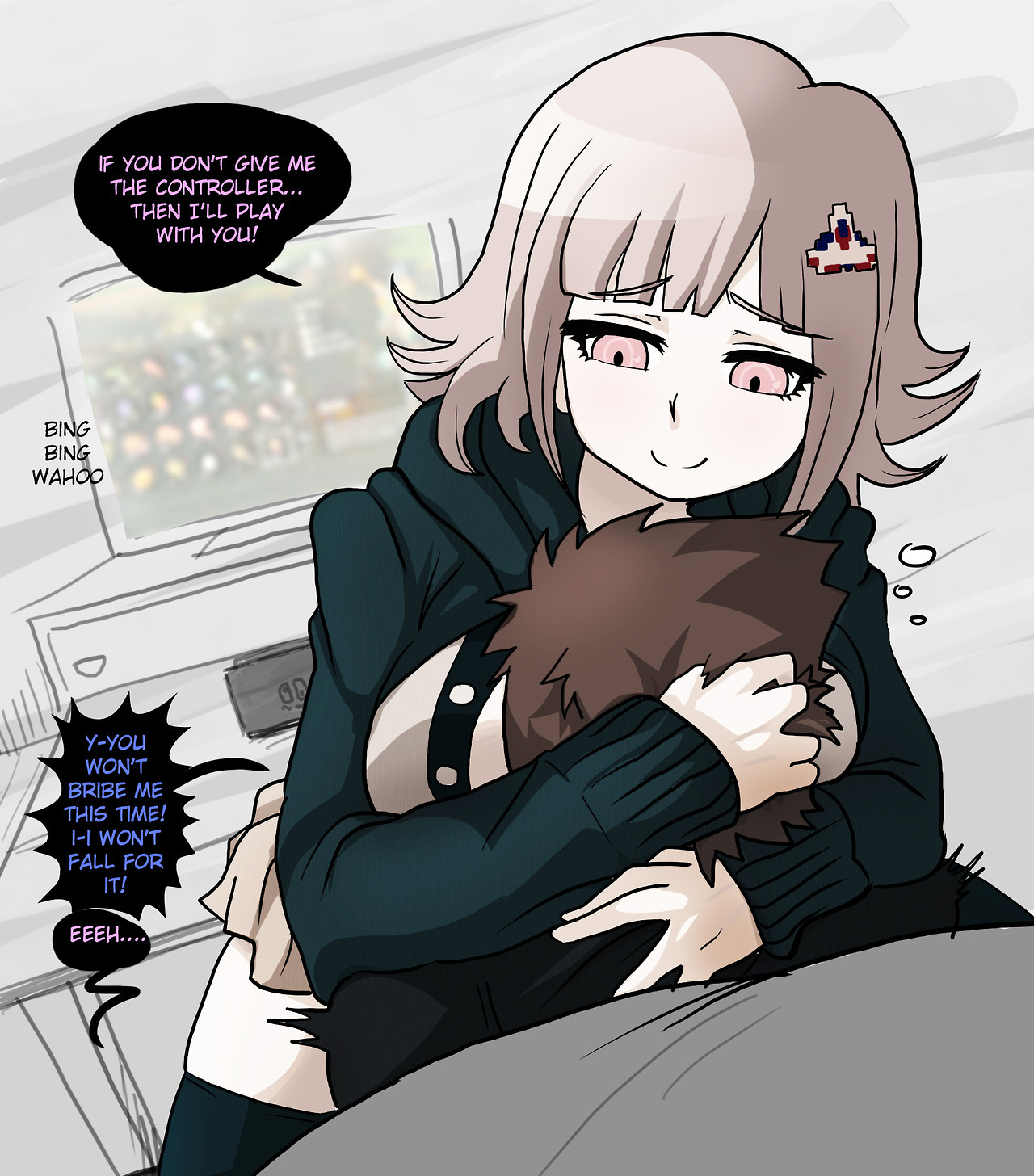 1boy, 1girls, assertive, breast smother, breasts, danganronpa, danganronpa 2: goodbye despair, electronics, english text, female, femdom, game console, gentle femdom, hoodie, human, male, mosbles, nanami chiaki, naughty face, nintendo switch, nintendo switch dock, original character, pale skin, smile, smothering, sofa, straight hair, super danganronpa 2, tagme, television, text